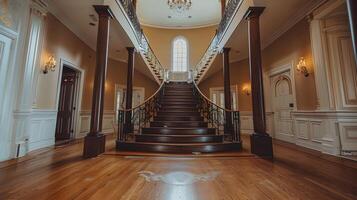 magnífico Escadaria dentro opulento histórico Palácio vestíbulo com elegante lustre e ornamentado arquitetura foto