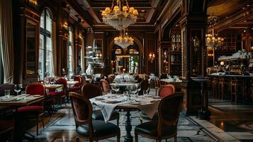 opulento e convidativo jantar corredor dentro uma histórico luxo hotel foto