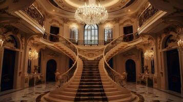 grandioso mármore Escadaria dentro ornamentadamente decorado palaciano da mansão elegante Entrada corredor foto