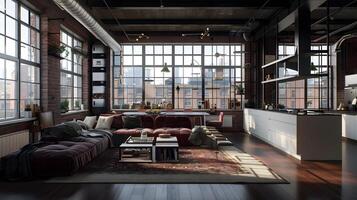 acolhedor e sofisticado loft interior com convidativo mobília arranjo e caloroso iluminação dentro a estilo industrial construção foto