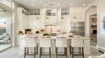 elegante e funcional branco cozinha com moderno eletrodomésticos e confortável jantar área foto