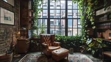 acolhedor e convidativo estilo rústico vivo espaço com exuberante vegetação e natural texturas foto
