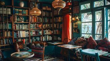 acolhedor e convidativo vintage biblioteca com estantes, luminárias e confortável assentos para lendo, estudando e relaxamento foto