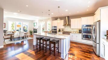 elegante e espaçoso moderno cozinha com integrado jantar e divertido áreas dentro brilhante e arejado conceito aberto casa interior Projeto foto