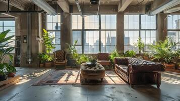 acolhedor loft apartamento com deslumbrante cidade Horizonte vista, estilo industrial decoração e exuberante interior plantas para inspirador vivo espaço Projeto foto