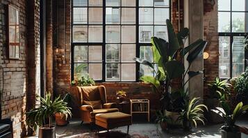 acolhedor e convidativo estilo loft vivo quarto com natural vegetação e moderno mobília foto