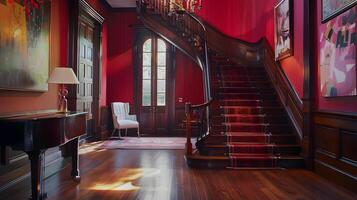 elegante e refinado interior do uma histórico mansão com ornamentado Escadaria e temperamental iluminação foto