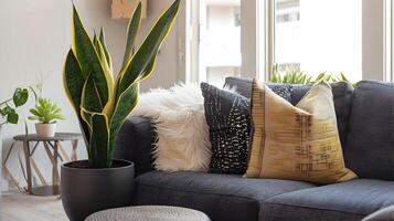 acolhedor e convidativo moderno vivo quarto com exuberante vegetação e natural iluminação foto
