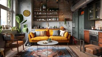 acolhedor e convidativo estilo industrial vivo quarto com rústico charme e moderno decoração elementos foto