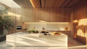 brilhante e arejado contemporâneo cozinha com de madeira acentos e natural decoração elementos foto