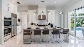 brilhante e elegante conceito aberto moderno cozinha com sofisticado eletrodomésticos e lustroso decoração foto