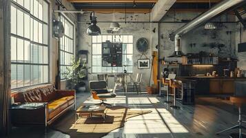 acolhedor e criativo industrial loft área de trabalho com vintage mobília e moderno tecnologia acessórios foto