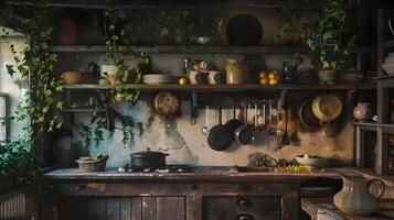 encantador rústico cozinha preenchidas com vintage utensílios de cozinha e caseiro ervas foto