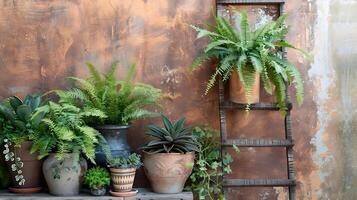 exuberante tropical folhagem e em vaso plantas adornando uma rústico ao ar livre vivo espaço foto