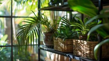 exuberante interior tropical plantas dentro vime cestas em prateleiras perto janela com natural luz foto