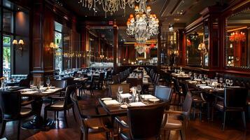 elegante e ornamentado luxo restaurante interior com opulento mobília e iluminação foto