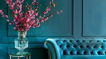elegante vivo quarto interior com floral ramalhete e adornado Chesterfield sofá foto