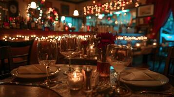 íntimo luz de velas jantar dentro uma festivo acolhedor restaurante configuração para uma romântico ou especial ocasião foto