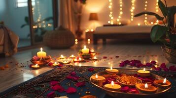 acolhedor e tranquilo espiritual com tremeluzente velas, flores, e decorativo elementos foto