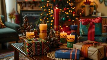 acolhedor e festivo Natal decoração com velas, presentes e lareira ambiente foto