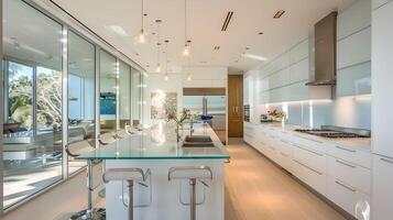 elegante e brilhante conceito aberto moderno cozinha e vivo quarto dentro luxo apartamento foto