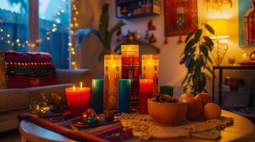 acolhedor e festivo à luz de velas casa atmosfera com étnico e boêmio decoração elementos, evocando uma caloroso e acolhedor ambiente para espiritual rituais ou foto