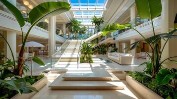 iluminado pelo sol luxo lobby com exuberante tropical folhagem e elegante arquitetônico Projeto foto