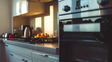 acolhedor e organizado moderno cozinha com cozinhando Essenciais e natural iluminação foto