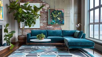 à moda e convidativo moderno vivo quarto com exuberante vegetação e geométrico decoração foto