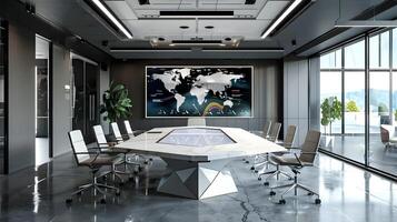 lustroso e à moda moderno sala de reuniões com panorâmico Visualizações e digital mundo mapa exibição para global o negócio e estratégico tomando uma decisão foto