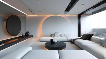 lustroso e sofisticado minimalista vivo quarto Projeto com cativante geométrico formas e elegante decoração foto