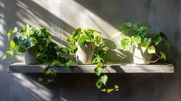 exuberante em vaso plantas aquecendo dentro suave natural luz em de madeira estante foto