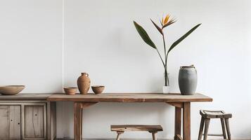 rústico e minimalista casa decoração com de madeira mobília e botânico acentos foto