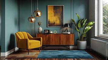 sofisticado e convidativo moderno vivo quarto com caloroso de madeira acentos, vibrante mostarda cadeirão, e exuberante vegetação foto