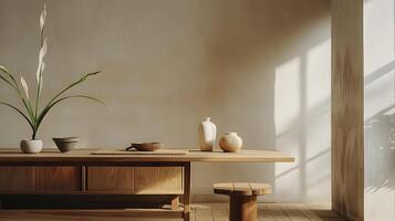 caloroso e convidativo minimalista vivo espaço com natural decoração elementos foto