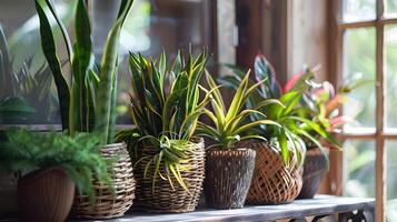 exuberante interior selva do próspero em vaso plantas exibido em rústico de madeira prateleiras ao lado uma brilhante janela foto