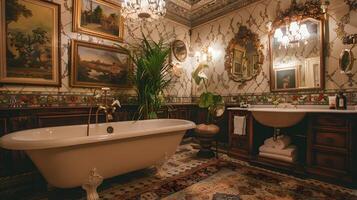 opulento e ornamentado luxo banheiro com barroco decoração e vintage mobília foto
