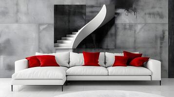 sofisticado minimalista vivo quarto com curvado concreto Escadaria e vermelho almofadas foto