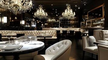 sofisticado e luxuoso interior do a de luxo restaurante ou Barra com elegante móveis, lustres e refinado decoração foto