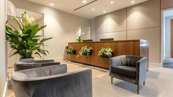 sofisticado e convidativo lobby interior com moderno mobília e exuberante vegetação foto