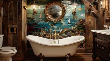 luxuoso vintage banheiro com ornamentado decoração e pé de garra banheira dentro aconchegante, sonhe como ambiente foto