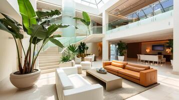 luxuoso e expansivo moderno lobby com exuberante tropical decoração e natural iluminação foto