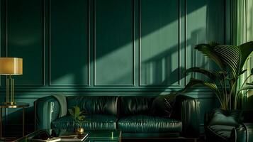 luxuoso e sofisticado em tons de verde vivo quarto com couro sofá, exuberante folhagem e temperamental iluminação foto