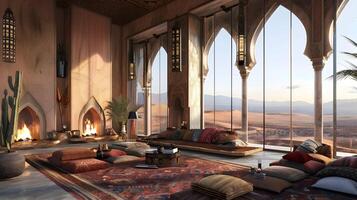 luxuoso inspiração marroquina interior com tirar o fôlego deserto panorama Visão foto