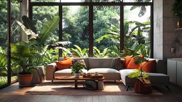 exuberante tropical inspirado em estufa vivo quarto com acolhedor mobília e abundante folhagem foto