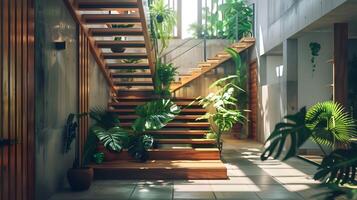 sereno de madeira escadas com exuberante interior folhagem dentro uma moderno casa interior foto