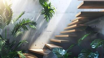 exuberante tropical folhagem e de madeira escadas dentro sereno minimalista interior foto