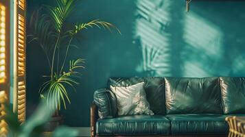 exuberante couro sofá dentro verdejante interior oásis com tropical acentos e caloroso ambiente iluminação foto