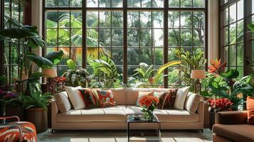 exuberante tropical inspirado em estufa vivo quarto com acolhedor pelúcia assentos negligenciar verdejante folhagem e natural cenário foto