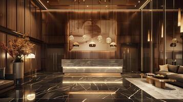 elegantemente projetado luxuoso hotel lobby com mármore piso, lustre iluminação, e contemporâneo mobília foto
